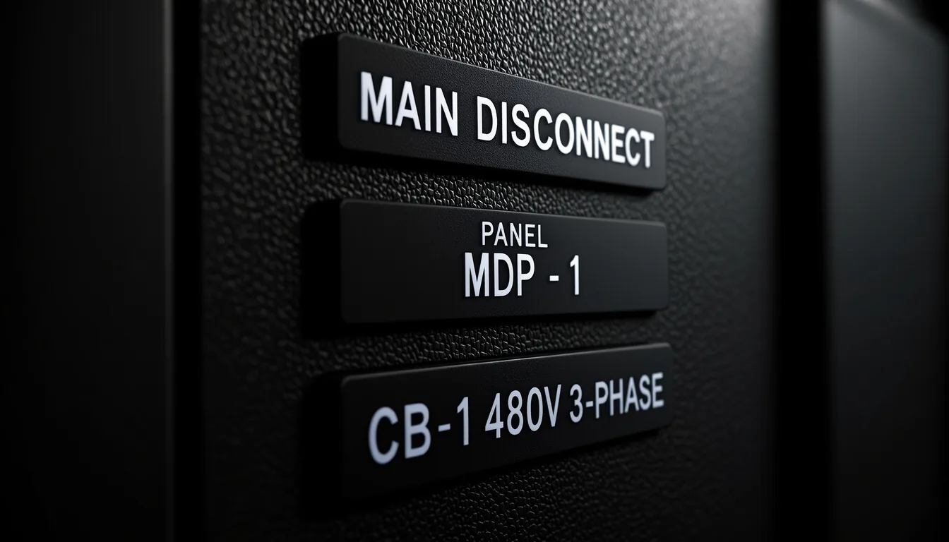 Custom engraved phenolic labels installed on industrial electrical equipment Custom engraved phenolic labels installed on industrial electrical equipment