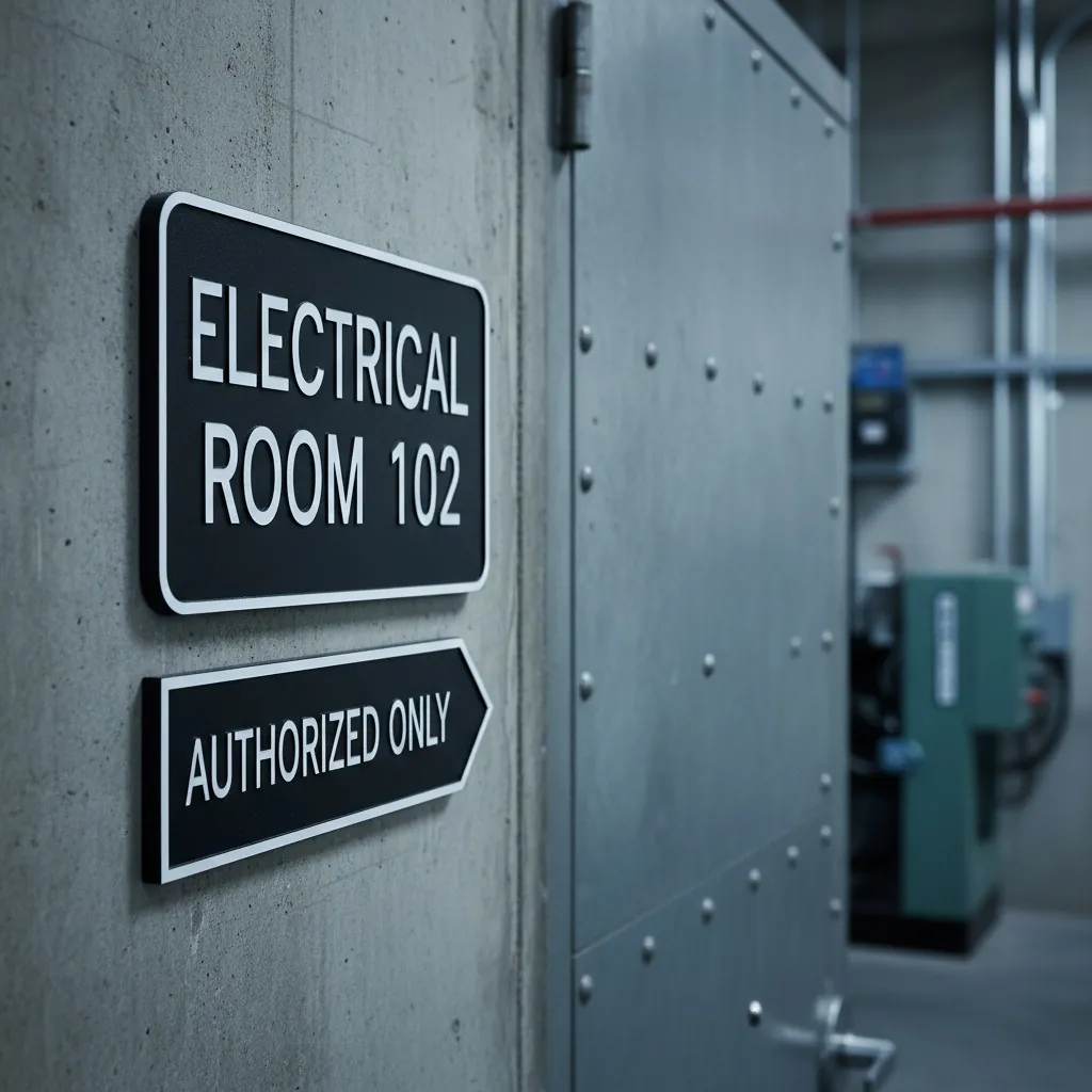 Facility and building signage Engraved black phenolic facility and building signage by Custom Phenolic Labels